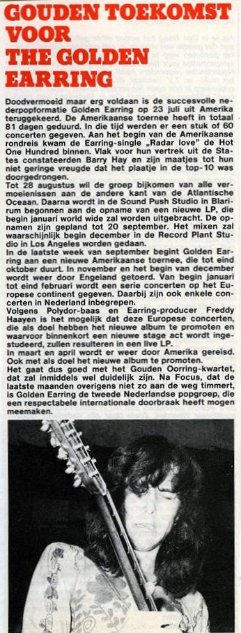 Magazine article Gouden toekomst voor The Golden Earring after returning from their third USA Tour in July 1974